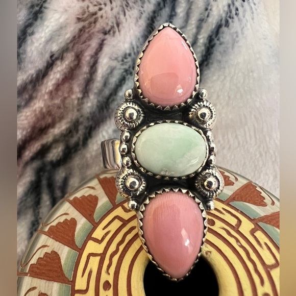 ❤️ Queen Pink Conch & Paloma Turquoise Navajo 8.25 Adjustable Ring 11.7gm - Picture 12 of 12